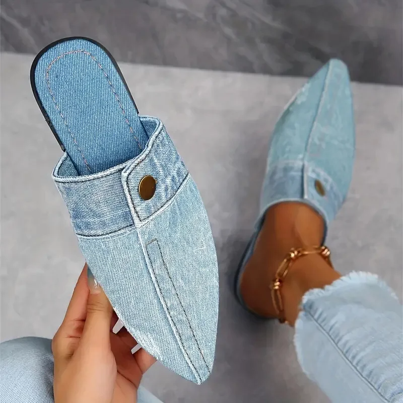 Women's Denim Mule Loafers – Pointed Toe Slip On Flat Stud Detail Casual