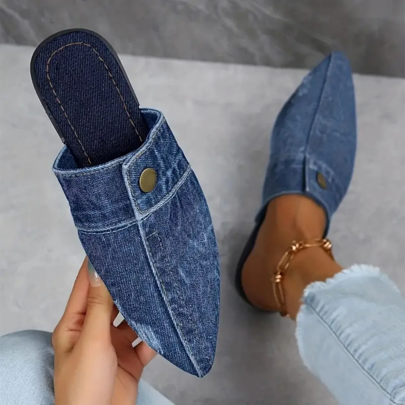 Women's Denim Mule Loafers – Pointed Toe Slip On Flat Stud Detail Casual