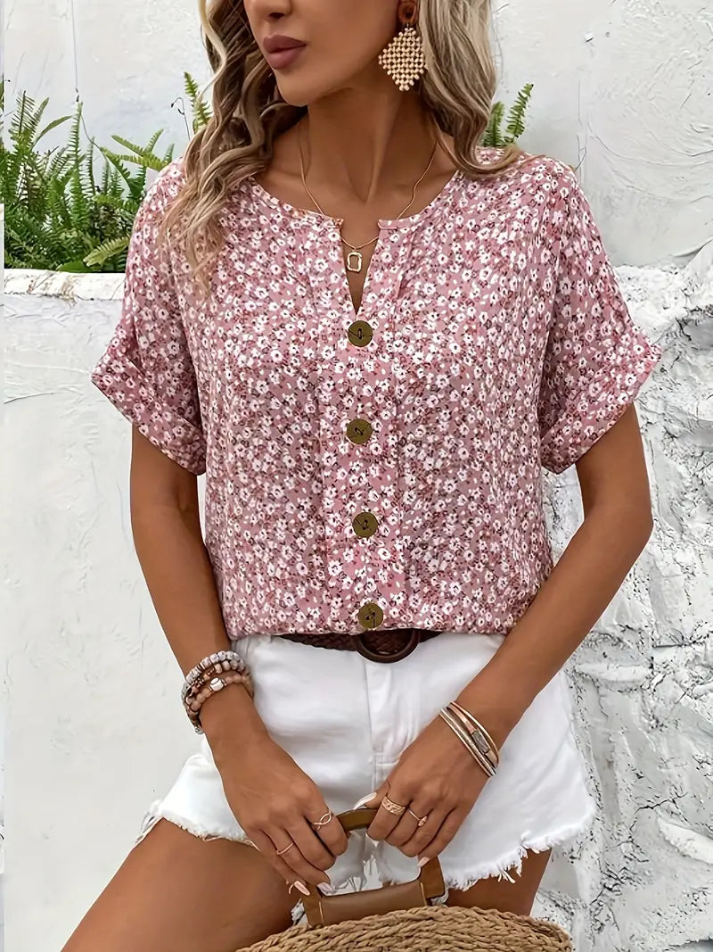 Women's Ditsy Floral Blouse – Button Front V Neck Short Sleeve Summer Casual