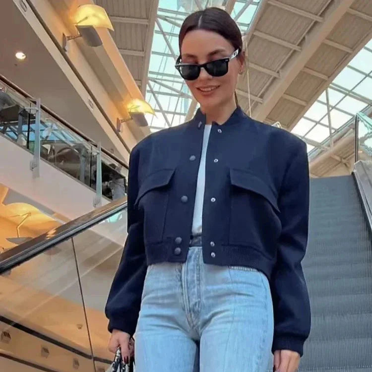 Women's Double Breasted Cropped Jacket – Stand Collar Patch Pocket Casual