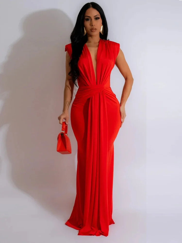 Women's Draped Maxi Dress – Deep V Neck Twisted Waist Sleeveless Formal