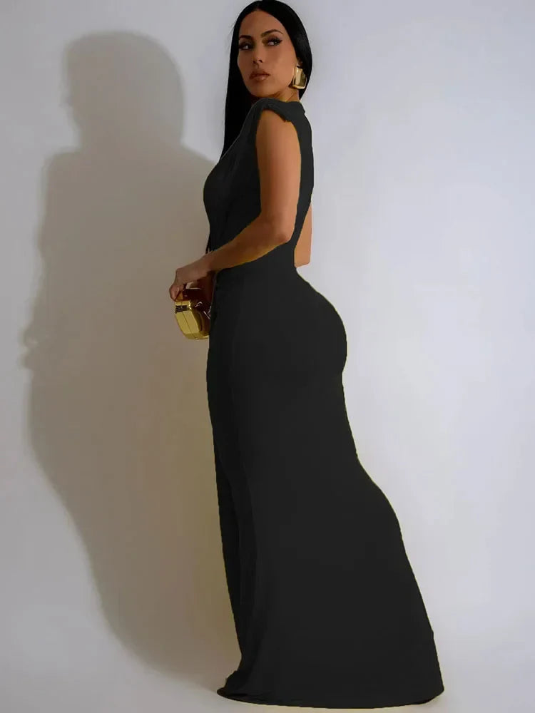 Women's Draped Maxi Dress – Deep V Neck Twisted Waist Sleeveless Formal