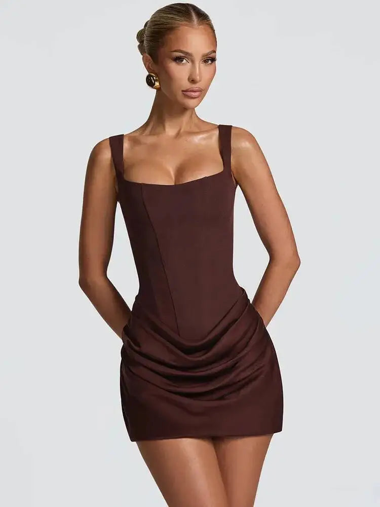 Women's Draped Mini Dress – Square Neck Lace Up Back Bodycon Cocktail