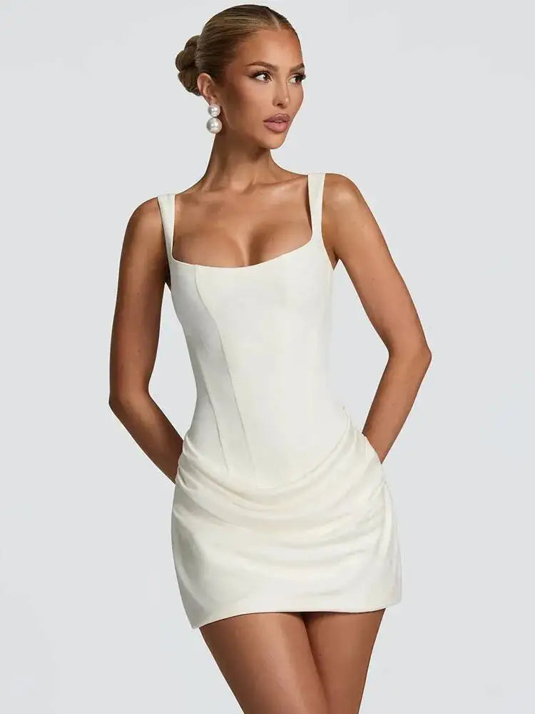 Women's Draped Mini Dress – Square Neck Lace Up Back Bodycon Cocktail