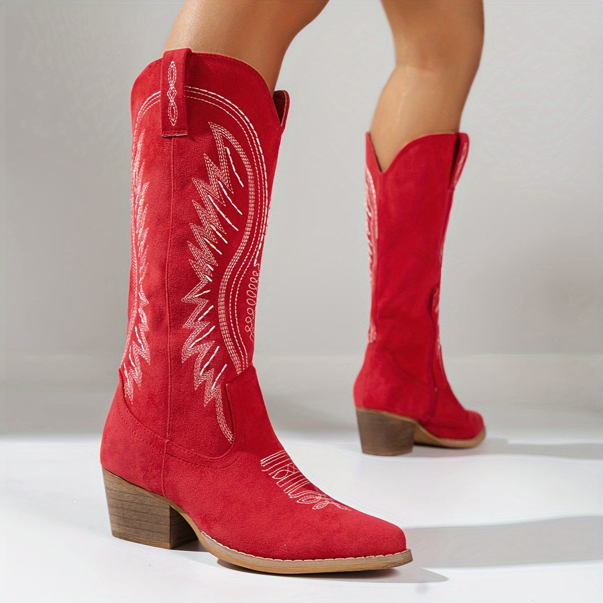 Women's Embroidered Western Cowboy Boots – Pointed Toe Block Heel Knee High