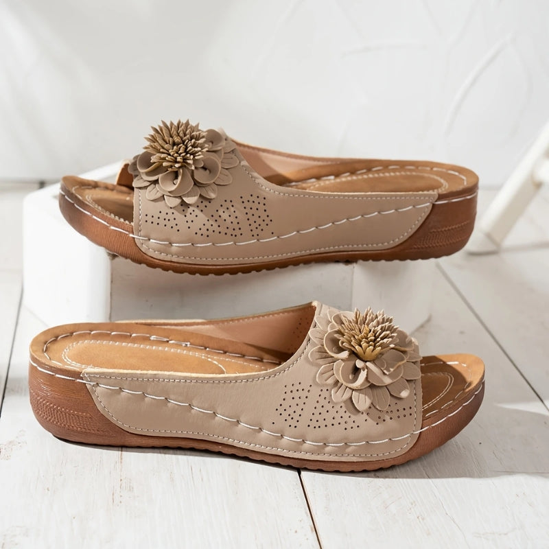 Women's Floral Appliqué Open Toe Wedge Slide Sandals – Perforated Summer