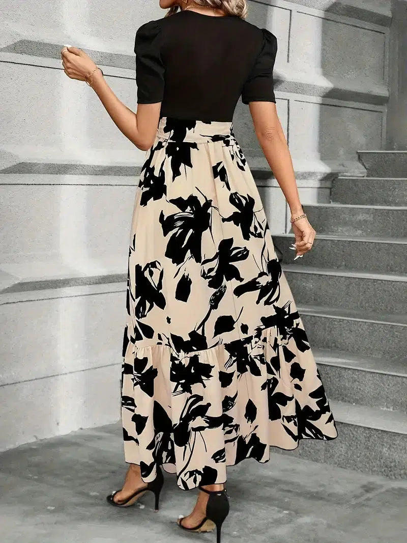 Women's Floral Colorblock Maxi – Tie Waist Puff Sleeve Ruffled Wedding Dress
