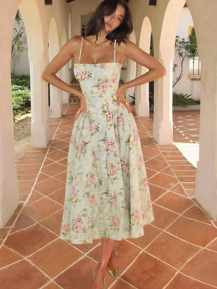 Women's Floral Corset Midi Dress – Spaghetti Strap Square Neck Prom