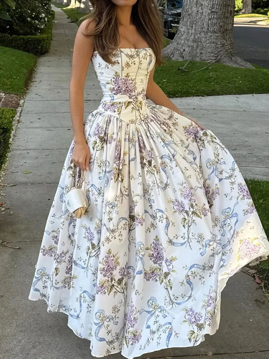 Women's Floral Corset Midi Dress – Strapless Boned Bodice A-Line Prom