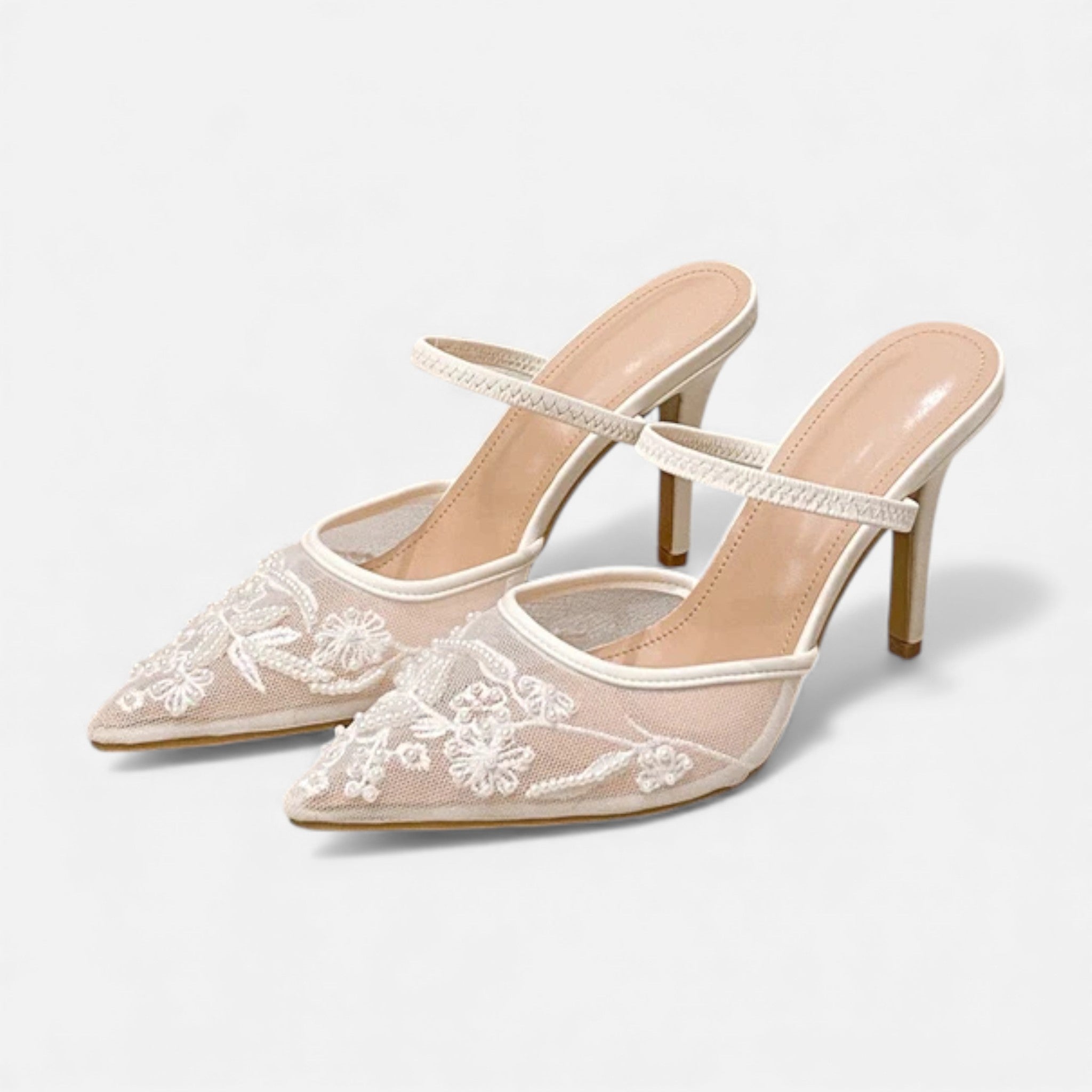 Women's Floral Embroidered Mesh Pointed Toe Mules – Stiletto Heel Wedding