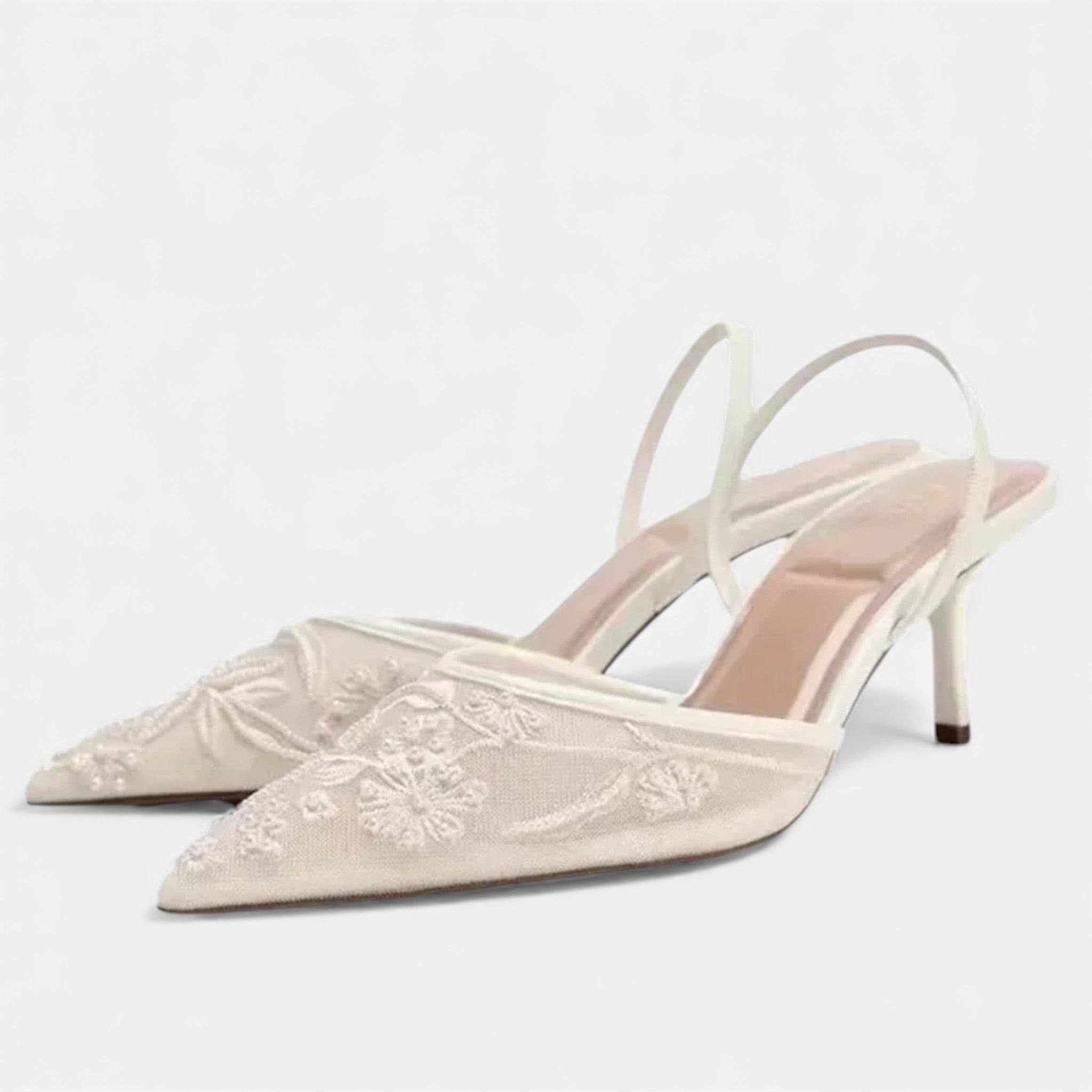 Women's Floral Embroidered Mesh Pointed Toe Mules – Stiletto Heel Wedding