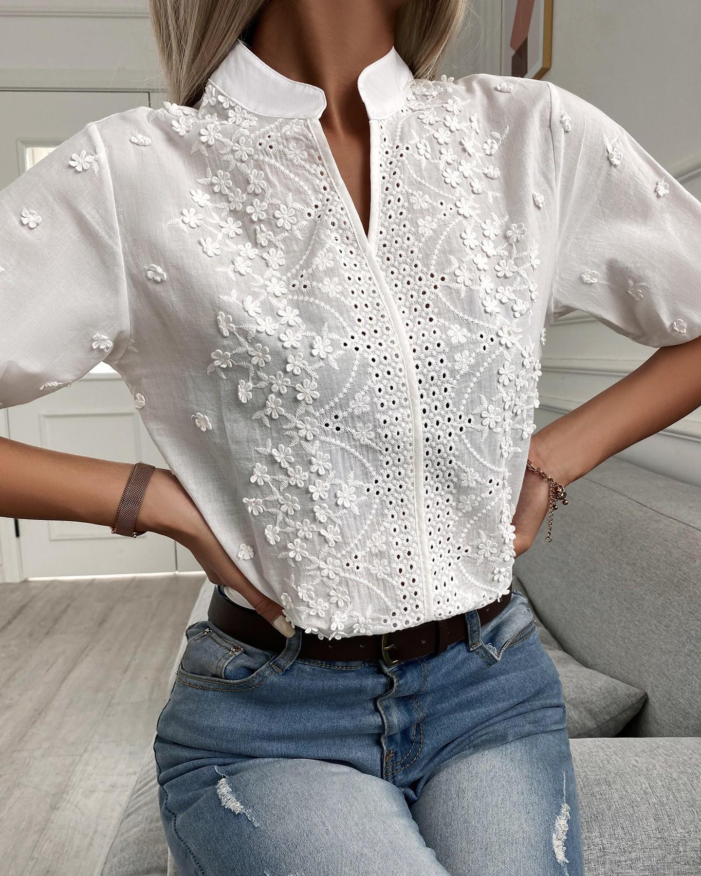 Women's Floral Eyelet Embroidered Blouse – Stand Collar Short Sleeve Summer