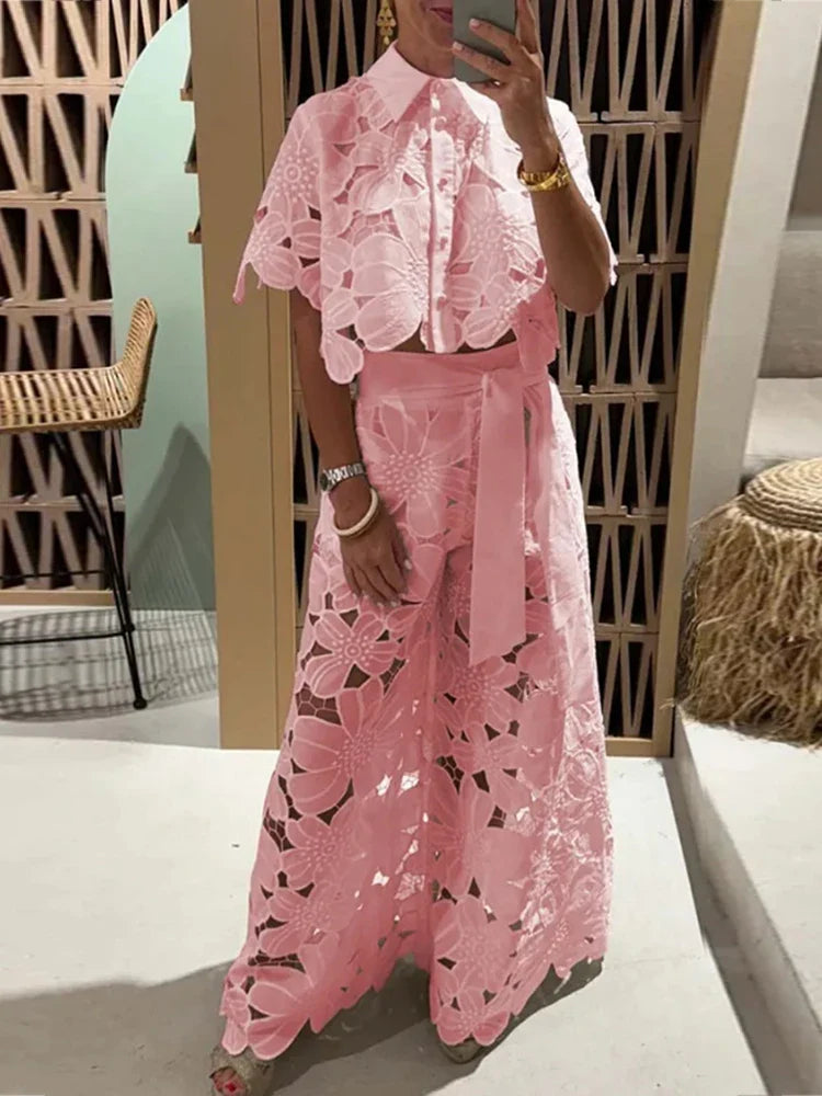 Women's Floral Lace 2 Piece Set – Collared Crop Top Wide Leg Pants Summer