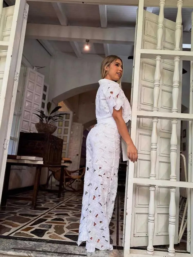Women's Floral Lace 2 Piece Set – Collared Crop Top Wide Leg Pants Summer
