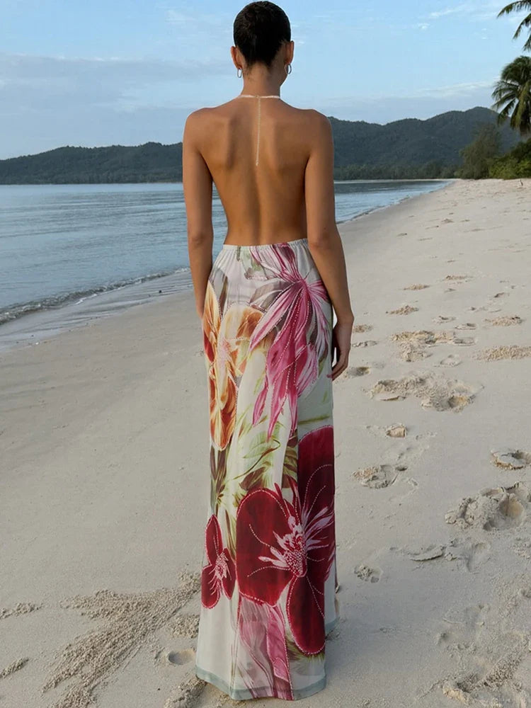 Women's Floral Maxi Dress – Cowl Neck Spaghetti Strap Side Split Wedding Guest