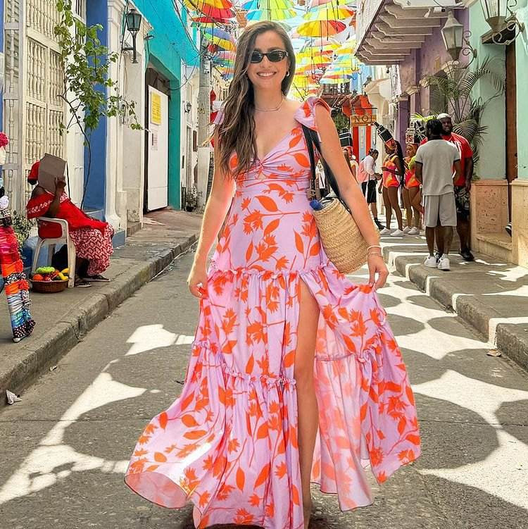 Women's Floral Maxi Dress – Ruffle Shoulder Tiered Skirt High Slit Summer