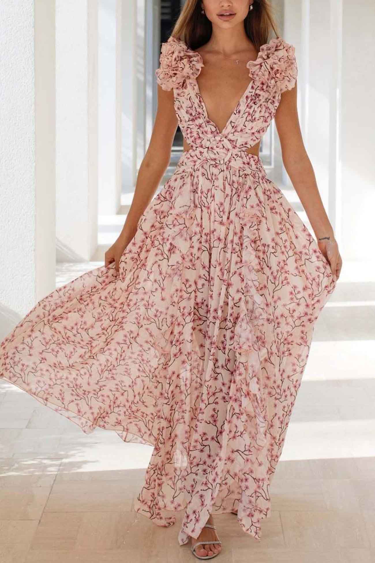 Women's Floral Maxi Dress – Ruffle Sleeve Deep V Neck Side Cutout Wedding Guest