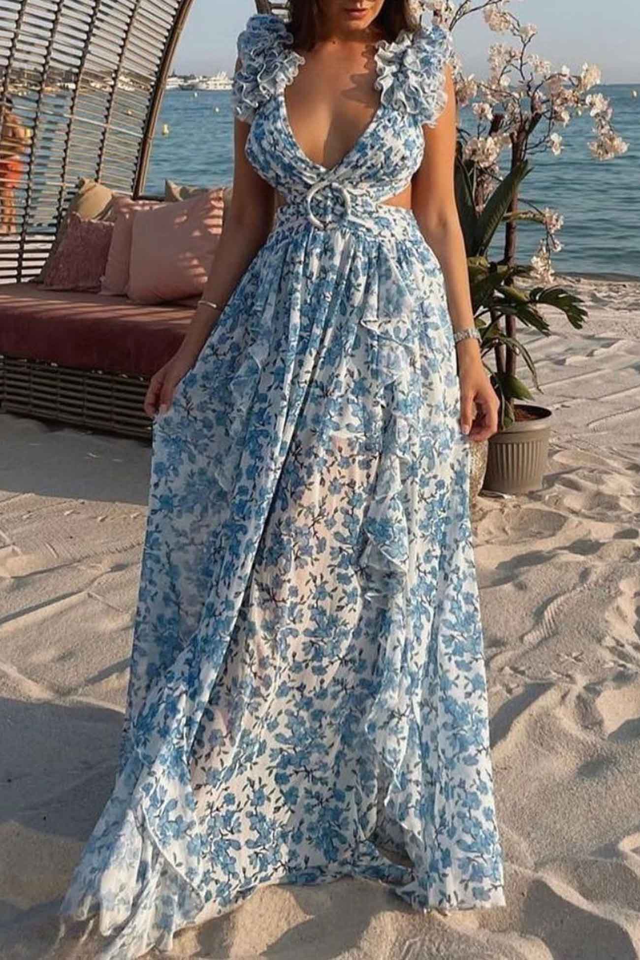 Women's Floral Maxi Dress – Ruffle Sleeve Deep V Neck Side Cutout Wedding Guest