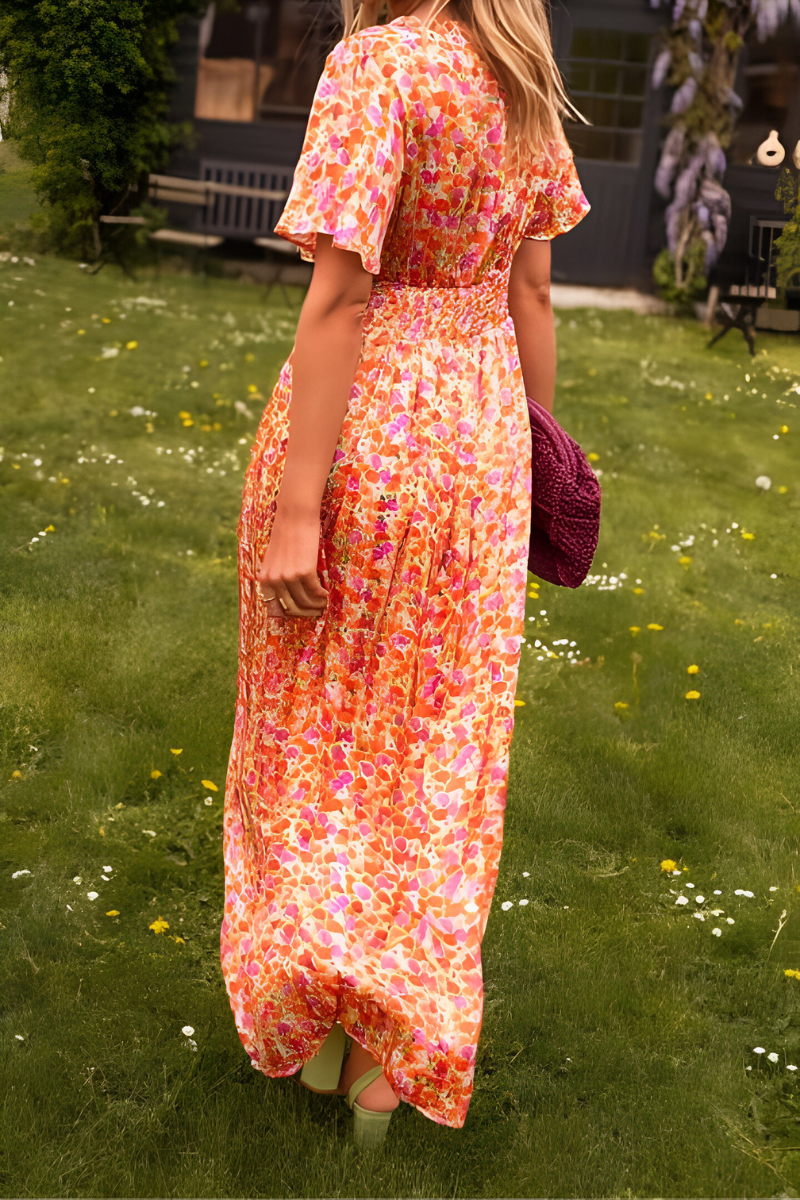 Women's Floral Maxi Dress – V Neck Flutter Sleeve Ruched Waist Wedding Guest