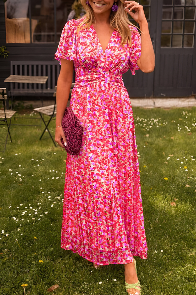 Women's Floral Maxi Dress – V Neck Flutter Sleeve Ruched Waist Wedding Guest