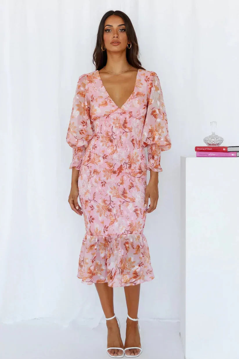 Women's Floral Midi – Deep V Neck Bishop Sleeve Smocked Waist Wedding Guest Dress