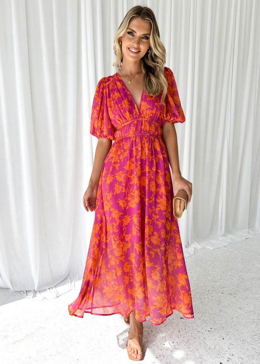 Women's Floral Midi Dress – Deep V Neck Puff Sleeve A-Line Wedding Guest