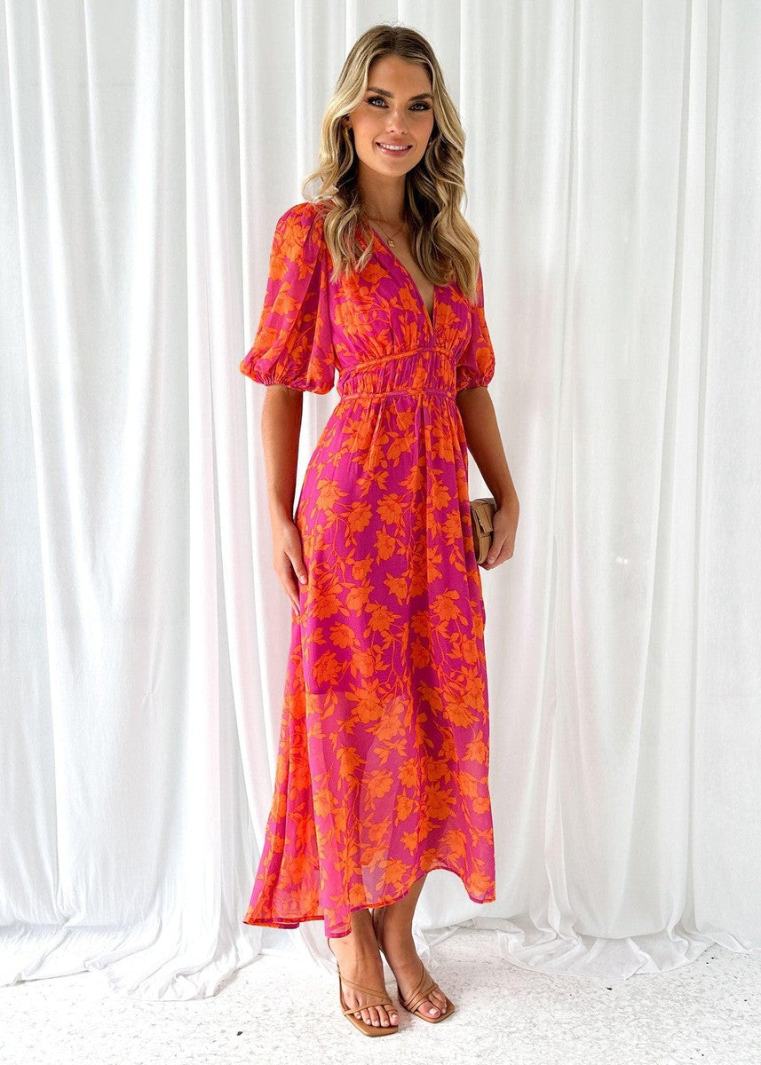 Women's Floral Midi Dress – Deep V Neck Puff Sleeve A-Line Wedding Guest