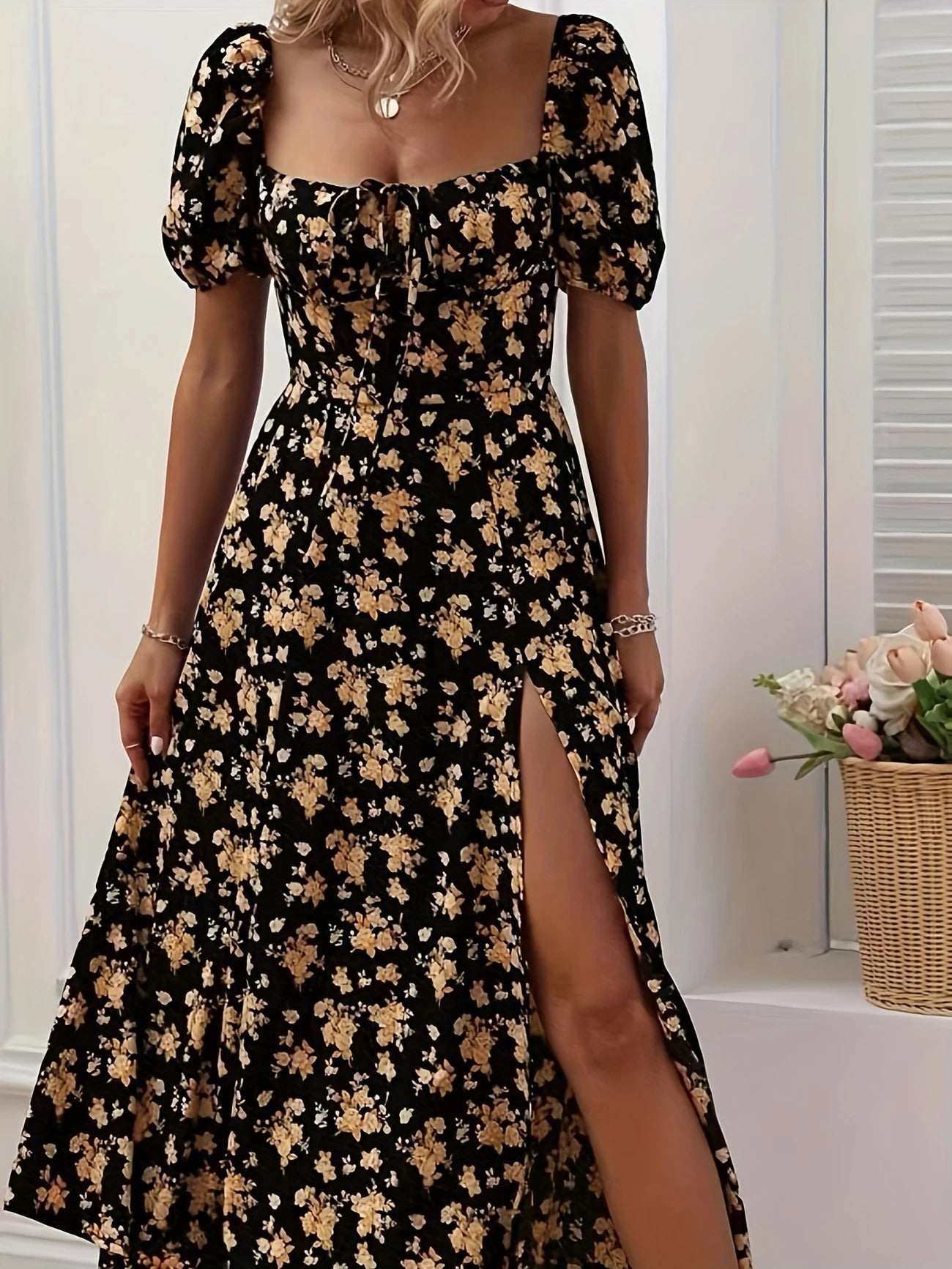 Women's Floral Midi Dress – Square Neck Puff Sleeve Tiered Split Summer
