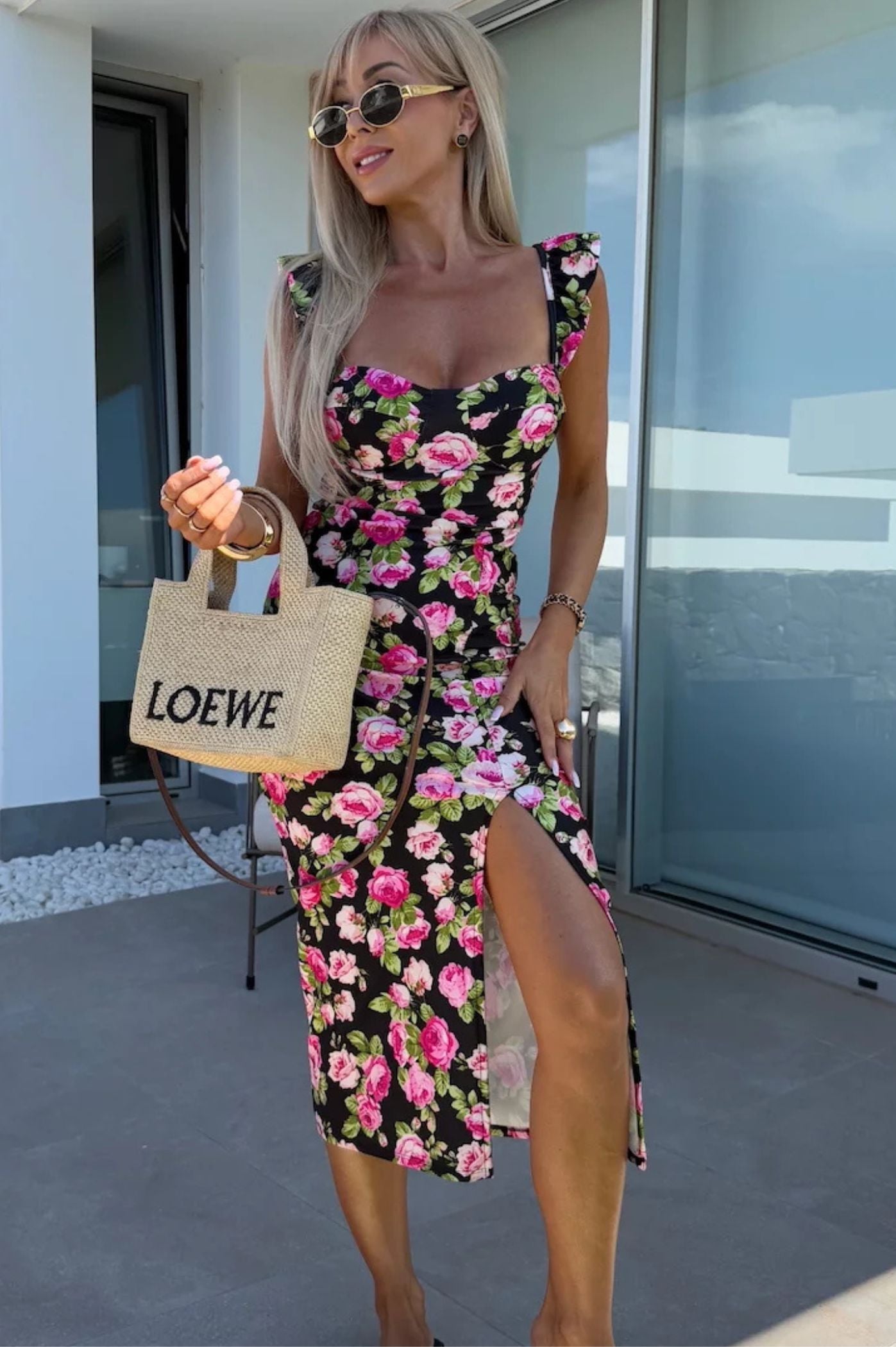 Women's Floral Midi Dress – Sweetheart Neck Flutter Strap Side Slit Summer