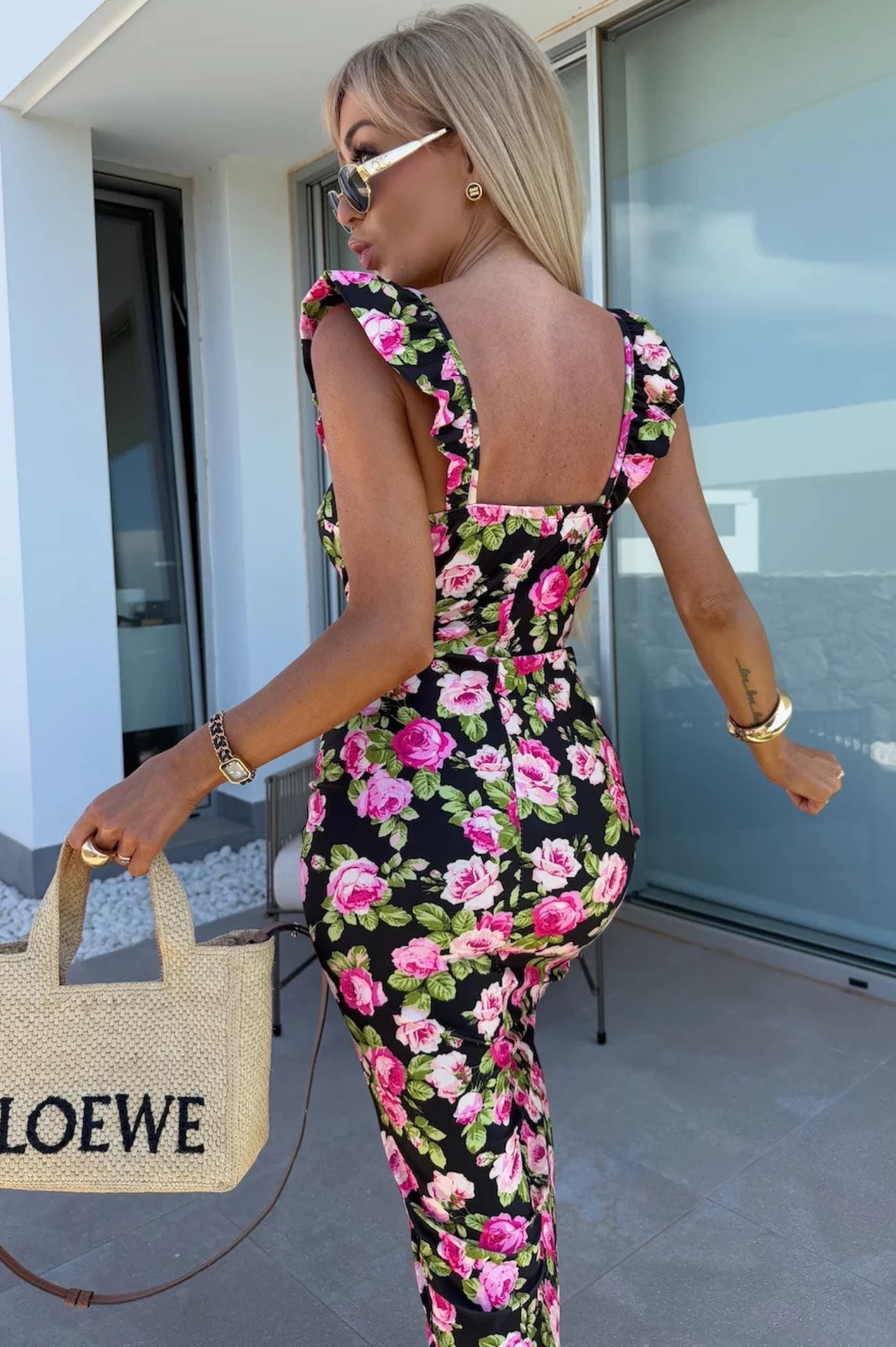 Women's Floral Midi Dress – Sweetheart Neck Flutter Strap Side Slit Summer