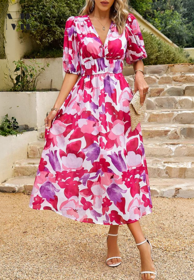 Women's Floral Midi Dress – V Neck Puff Sleeve Gathered Waist Wedding Guest