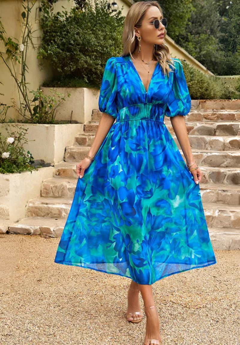 Women's Floral Midi Dress – V Neck Puff Sleeve Gathered Waist Wedding Guest