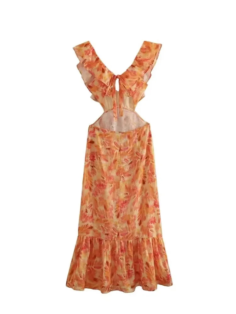 Women's Floral Ruffle V Neck Maxi – Cap Sleeve Tiered Hem Wedding Guest Dress