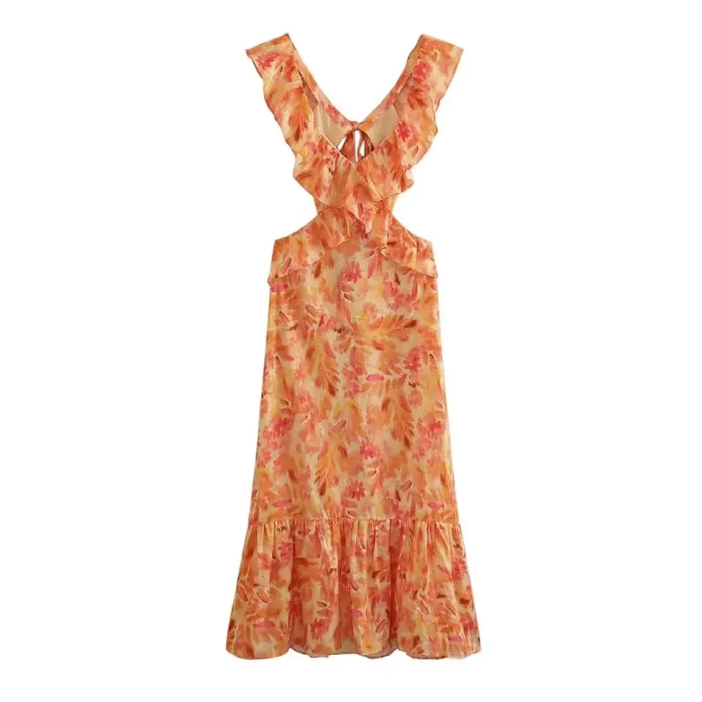 Women's Floral Ruffle V Neck Maxi – Cap Sleeve Tiered Hem Wedding Guest Dress
