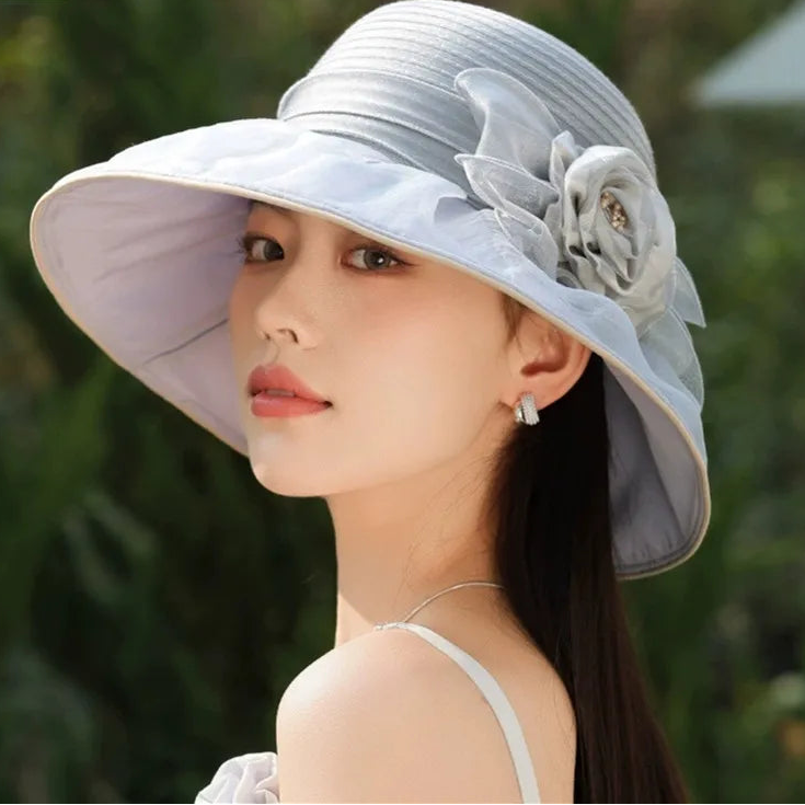 Women's Floral Wide Brim Sun Hat – Pleated Crown Layered Brim Garden Party