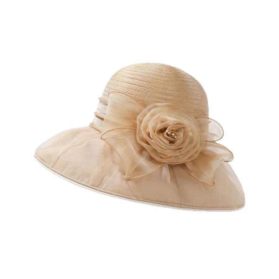 Women's Floral Wide Brim Sun Hat – Pleated Crown Layered Brim Garden Party