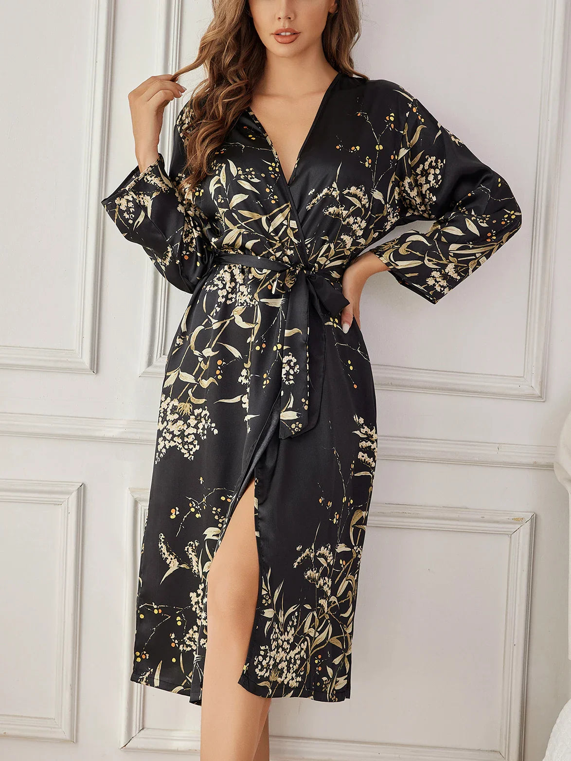 Women's Floral Wrap Kimono Robe – V Neck Self-Tie Belt Midi Nightwear