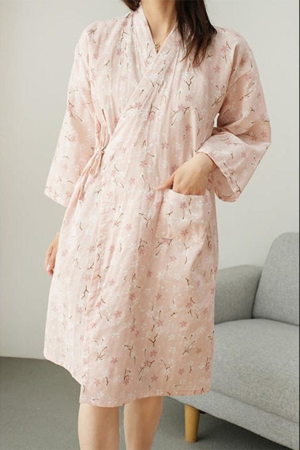 Women's Floral Wrap Kimono Robe – V Neck Side Tie Patch Pocket Nightwear