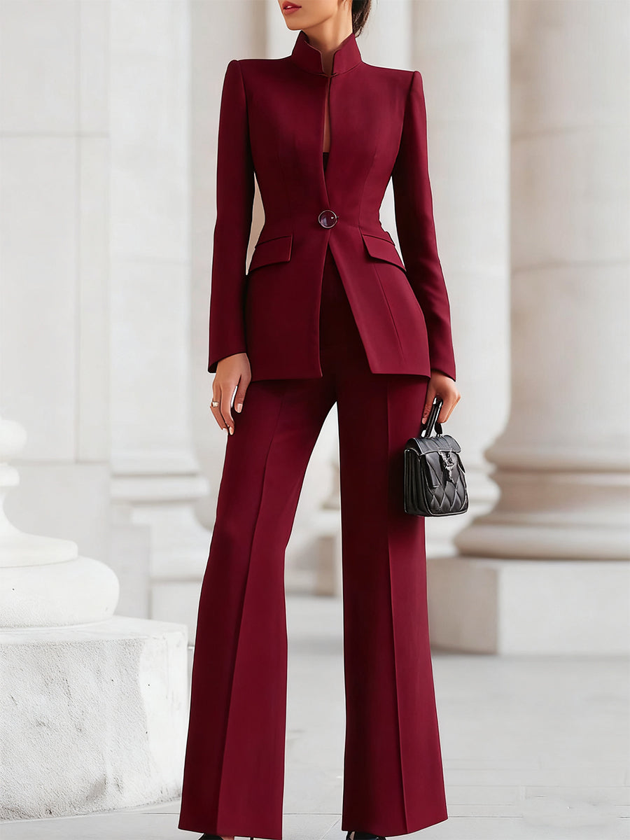 Women's Formal Two Piece Suit Set – Stand Collar Single Button Wide Leg Workwear
