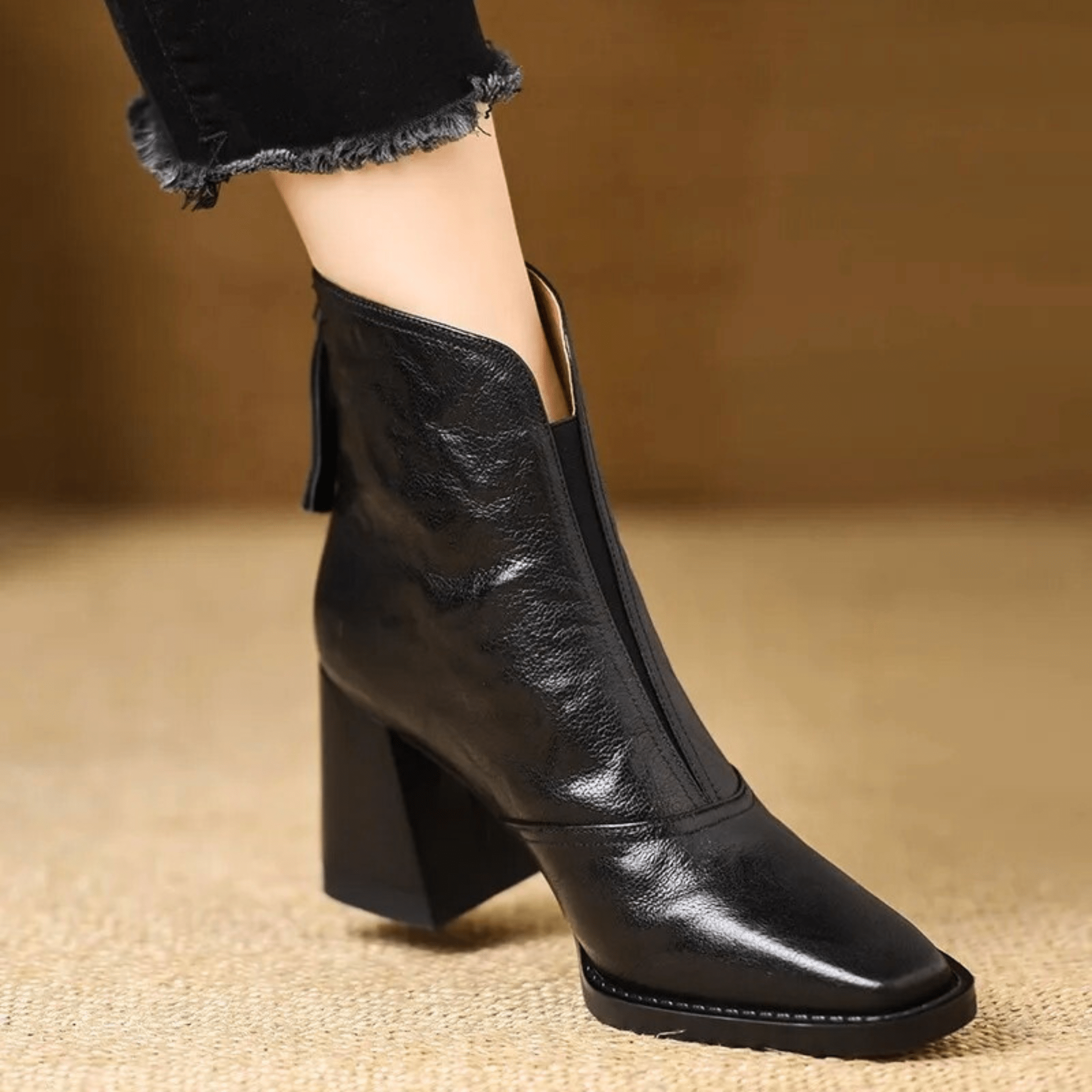 Women's Front Zip Square Toe Block Heel Ankle Boots – Fall Winter