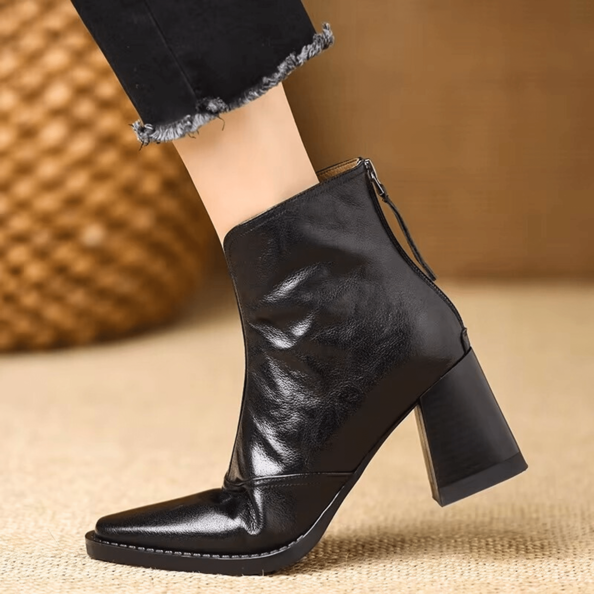 Women's Front Zip Square Toe Block Heel Ankle Boots – Fall Winter
