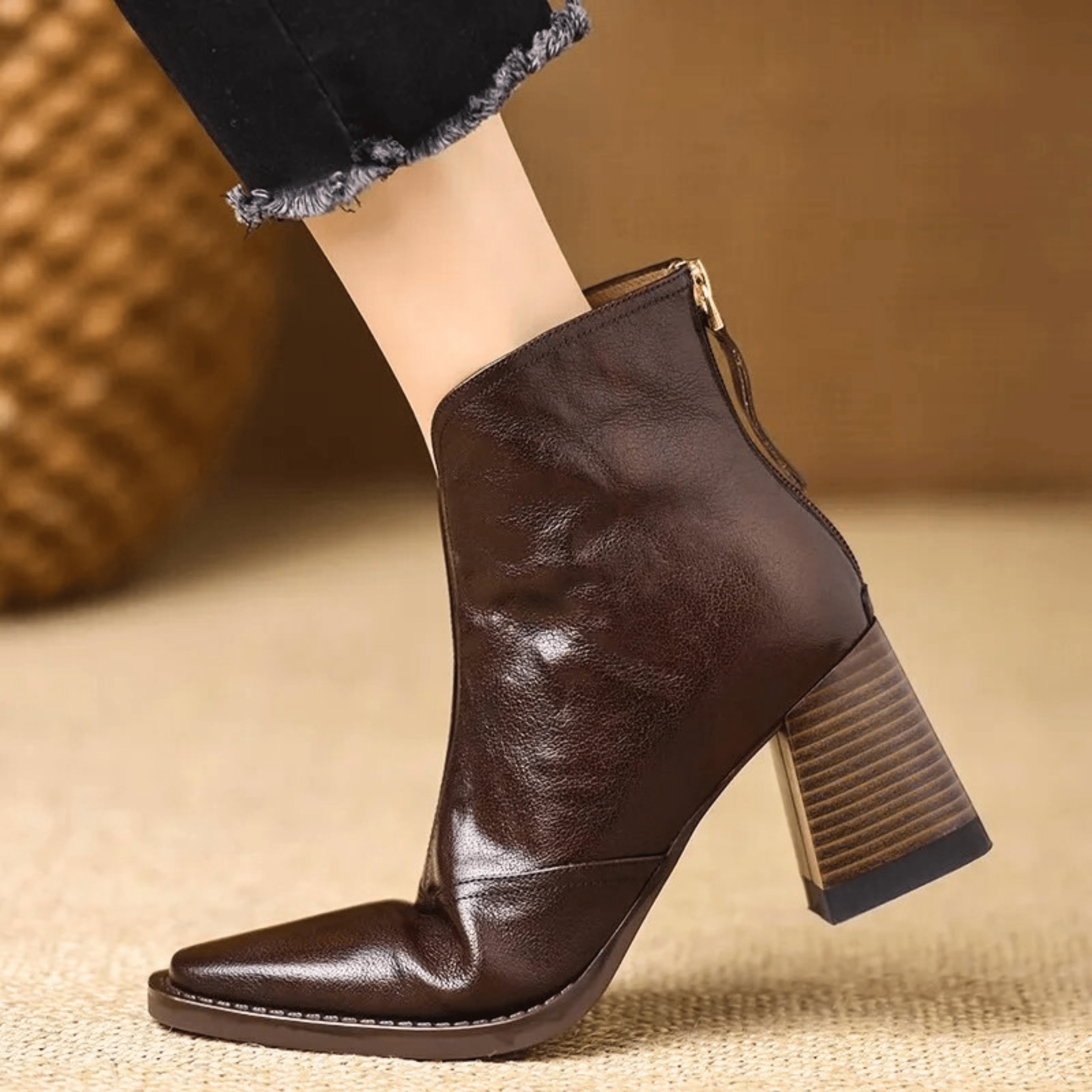 Women's Front Zip Square Toe Block Heel Ankle Boots – Fall Winter