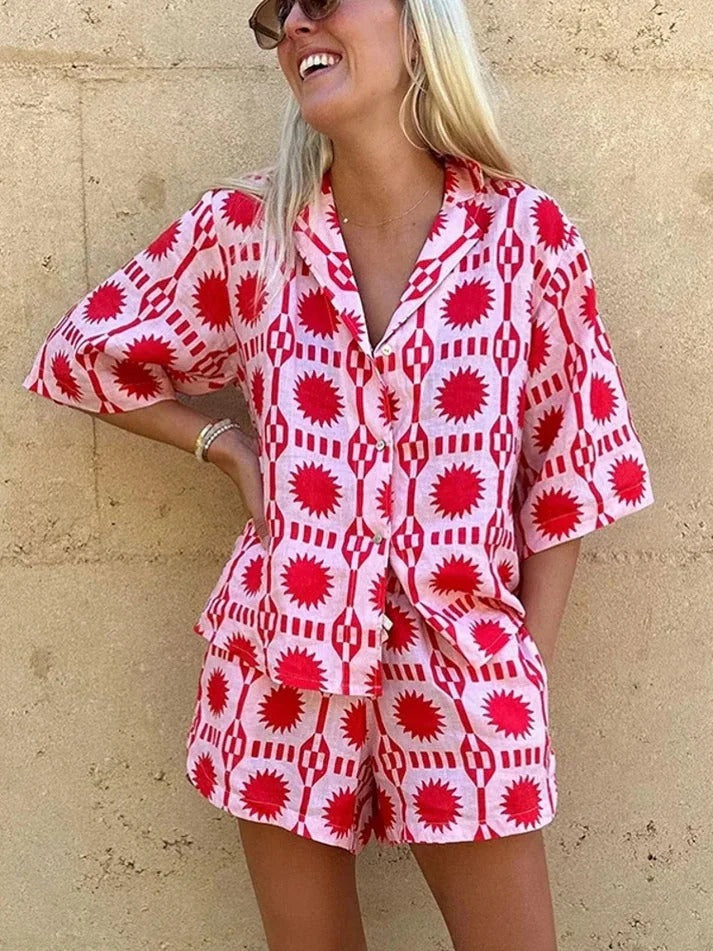 Women's Geometric Print 2 Piece Set – Short Sleeve Shirt Camp Collar Shorts