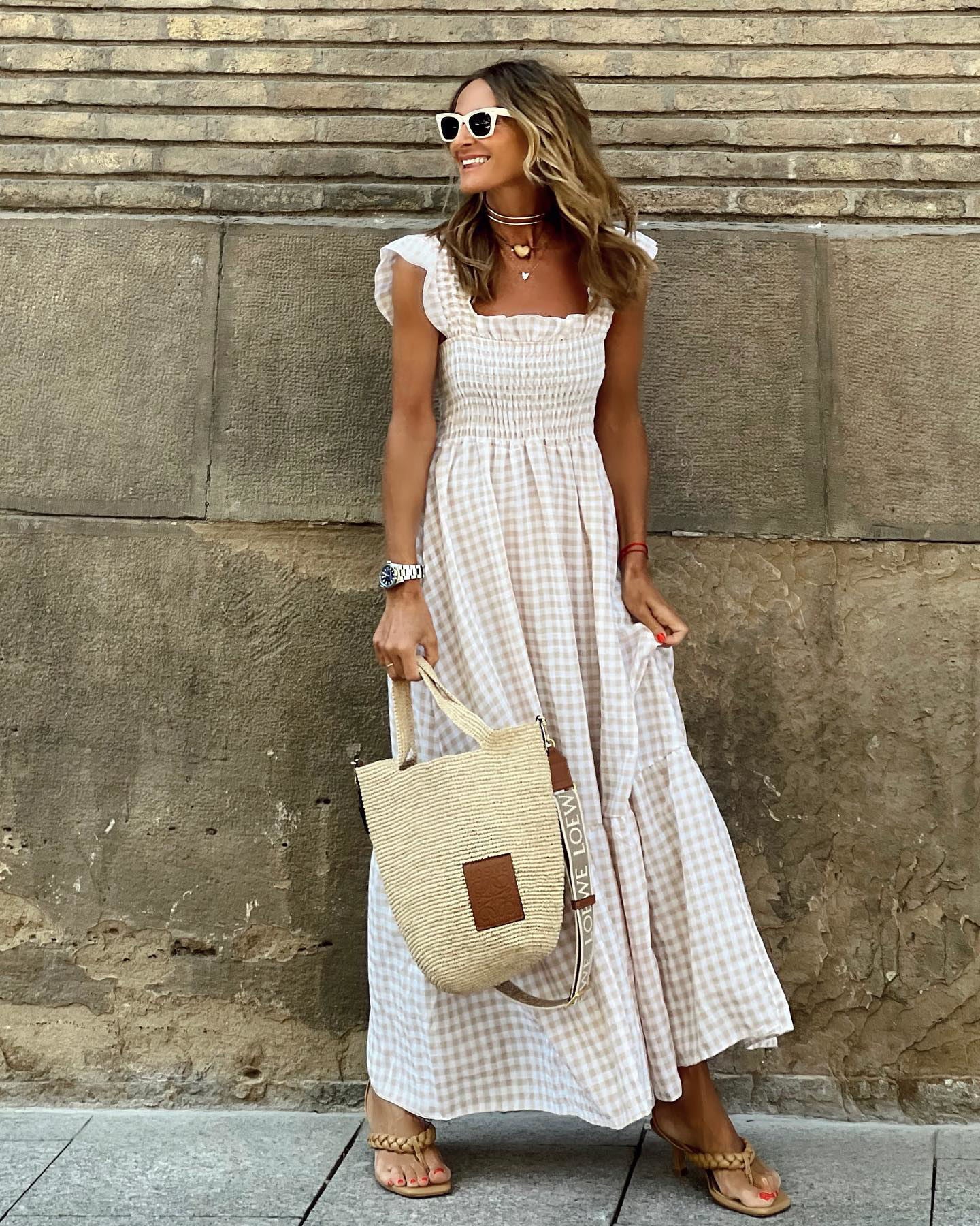 Women's Gingham Square Neck Maxi – Ruffle Sleeve Smocked Tiered Summer Dress