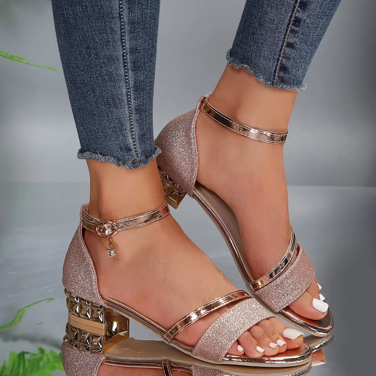 Women's Glitter Open Toe Sandals – Ankle Strap Block Heel Party Evening