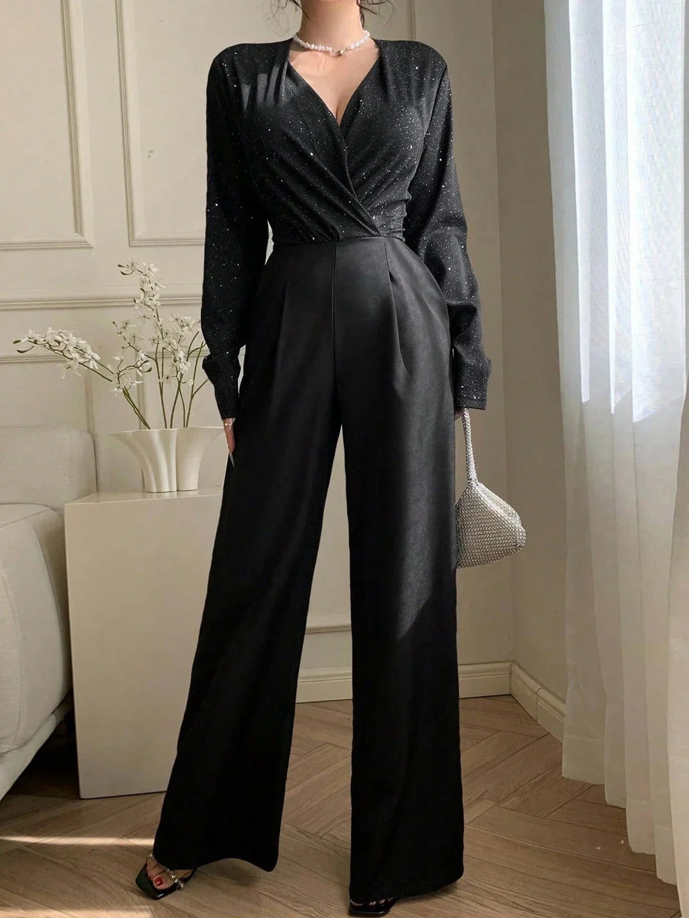 Women's Glitter Wrap Jumpsuit – Deep V Neck Long Sleeve Wide Leg Party