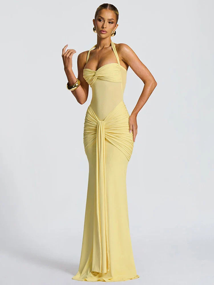 Women's Halter Maxi Dress – Ruched Sweetheart Twist Knot Wedding Guest