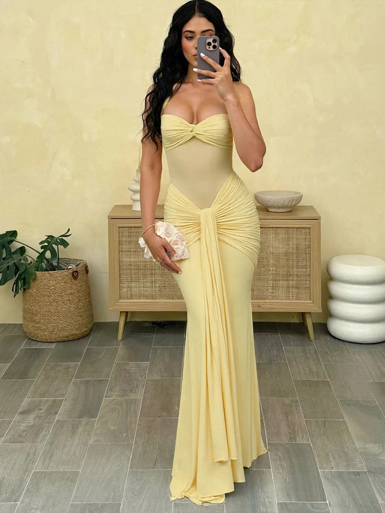 Women's Halter Maxi Dress – Ruched Sweetheart Twist Knot Wedding Guest