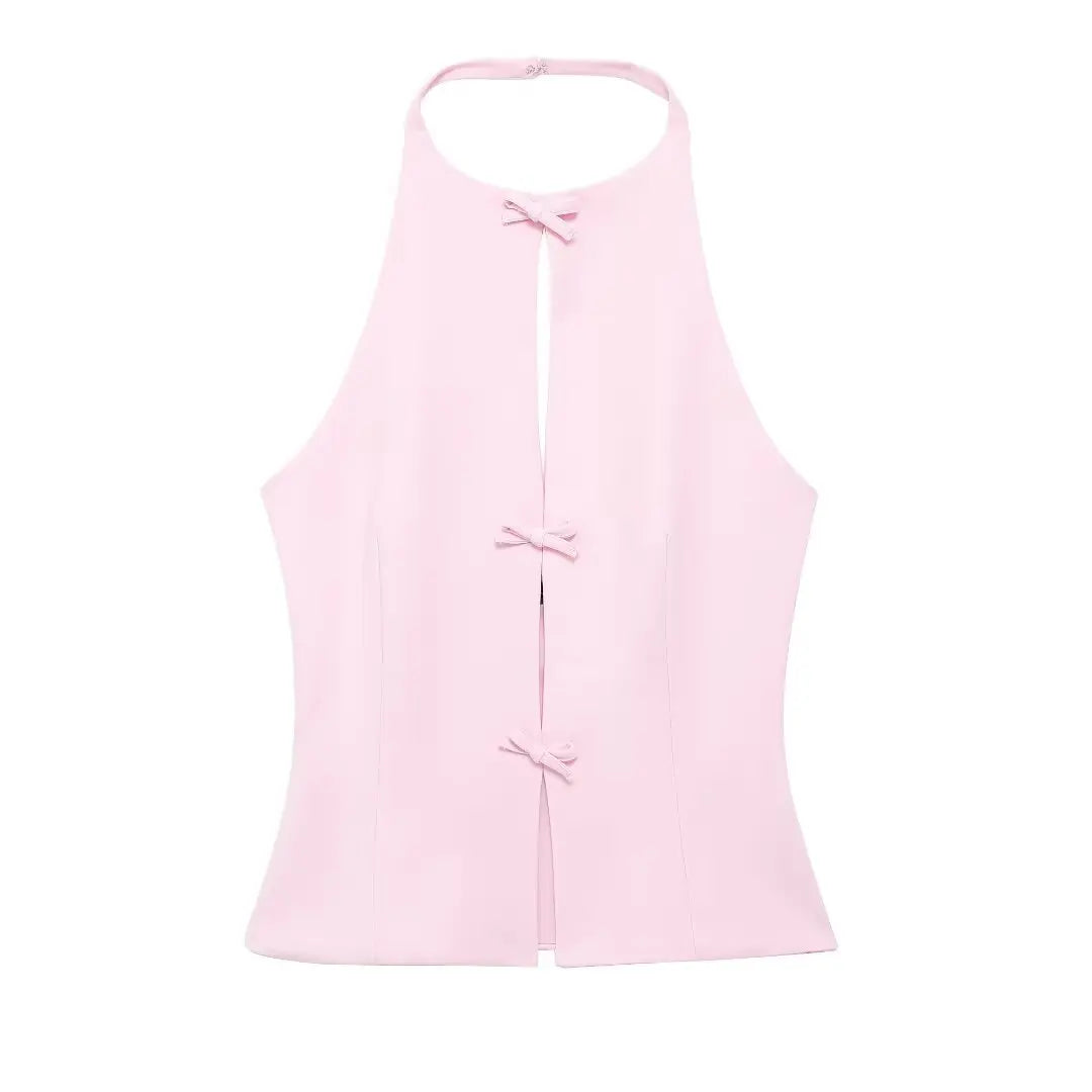 Women's Halter Neck Cut Out Top – Bow Trim Keyhole Sleeveless Party