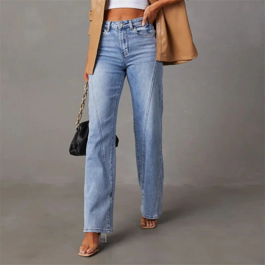 Women's High Waisted Straight Leg Denim Jeans – Front Seam Five Pocket Casual